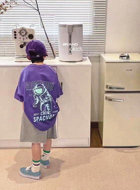 韩国童装潮牌N家紫色T恤搭灰色五分针织裤男童2025夏装女童炸街潮