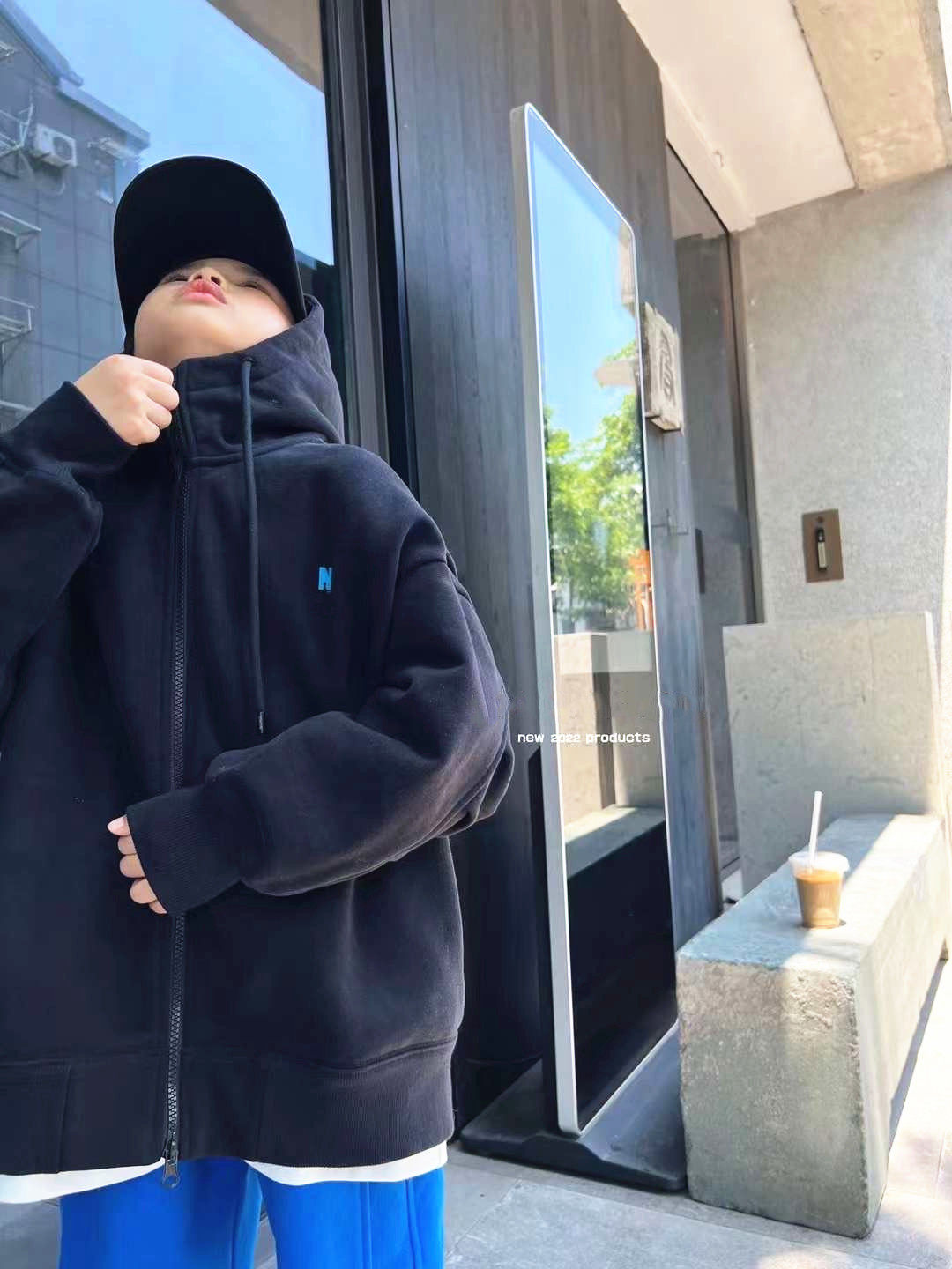 韩国童装2025秋冬款男女中大童潮牌NO家美式落肩连帽卫衣休闲开衫