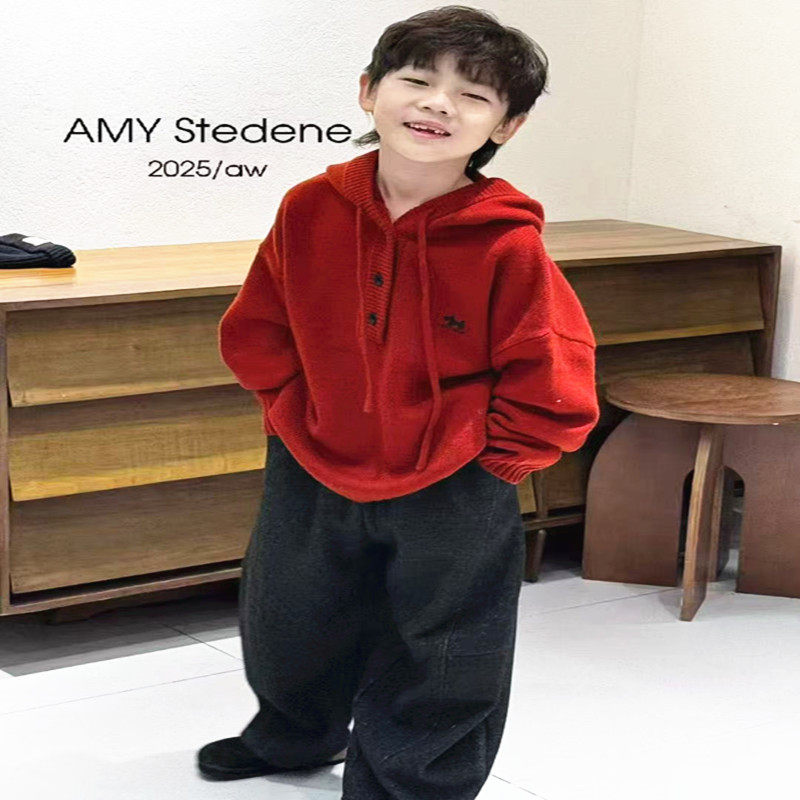 潮牌AMY小马标连帽毛衣两色入男女童2025冬装新款大童亲子家庭装
