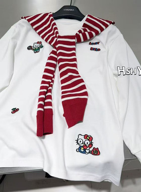 潮牌红色披肩款白色T恤长袖男女童2026春儿童大童螺纹收口袖亲子