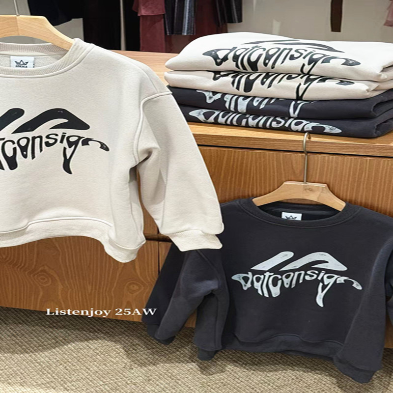 潮牌LJ福利款一体绒套头衫圆领卫衣男女童2025冬新大童青少年装韩