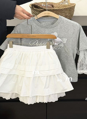 潮牌蕾丝小熊T恤搭配白色裙套装女童2026春装新款大童精致女生韩