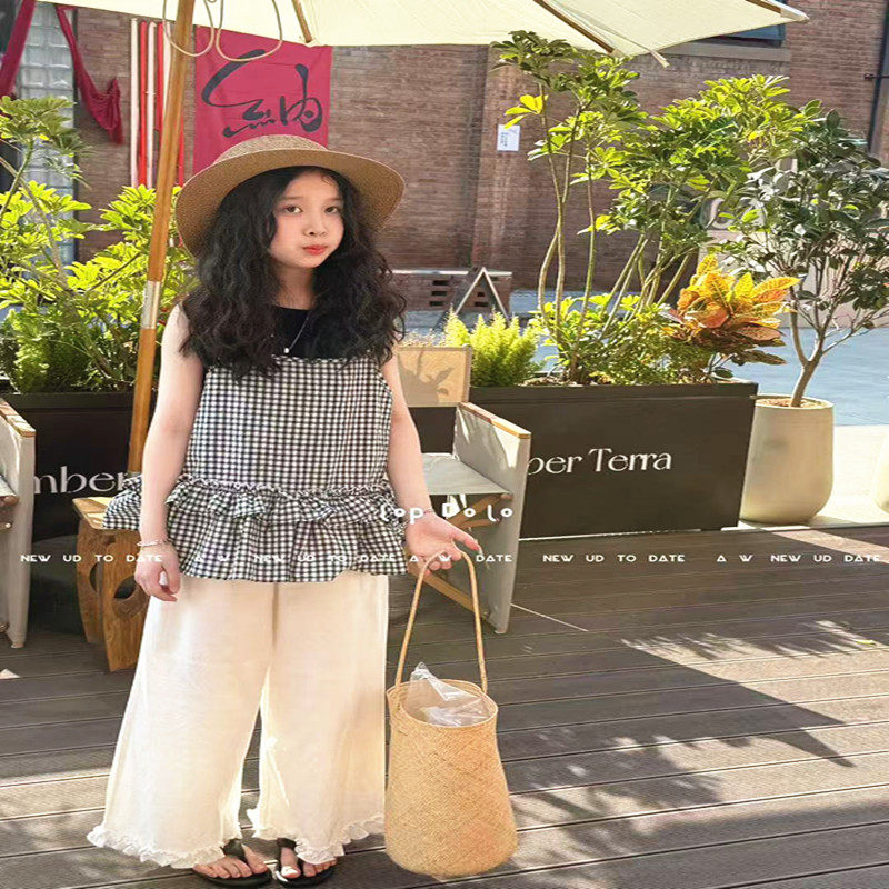 潮牌lop家格子两件套搭白色裤子女童2026夏新儿童大童气质亲子韩