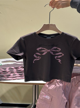 韩国童装潮牌LJ深灰色蝴蝶短袖T圆领短袖2026夏季洋气女大童上衣