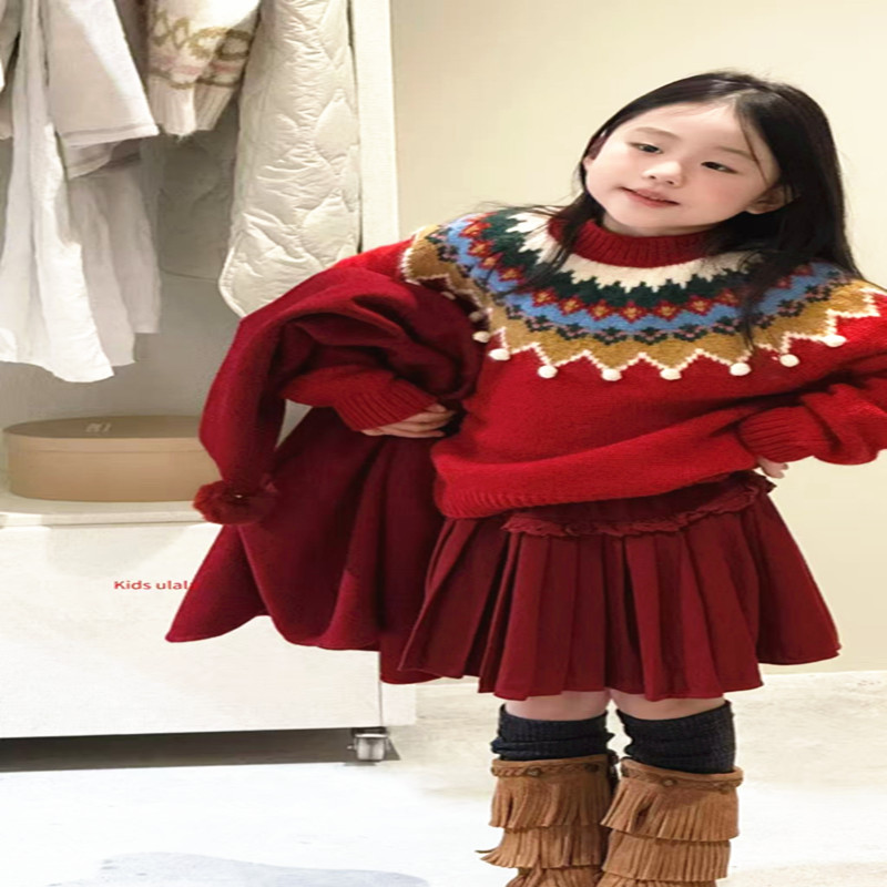 巴恩风红色毛衣套头衫男女童2025冬装新款大童年装节日款打底韩版