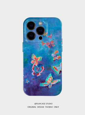 蓝色飞舞蝴蝶~iPhone15pro苹果14promax适用vivoS9情侣mate60华为nova11小米13/14手机壳oppofindX6荣耀80/90