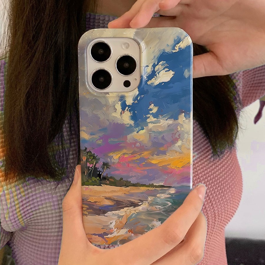 油画海岸晚霞适用iPhone15promax苹果13小米14华为mate60nova12软p50e荣耀90vivoX100菲林手机壳opporeno11女