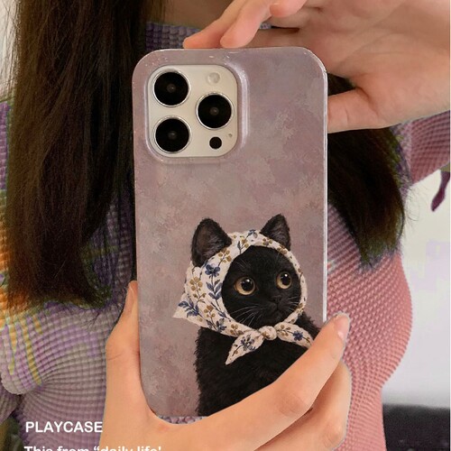 头巾黑猫适用iPhone18promax苹果17小米14新款mate70华为p90适用nova13菲林手机壳oppofindx9小米15vivox500