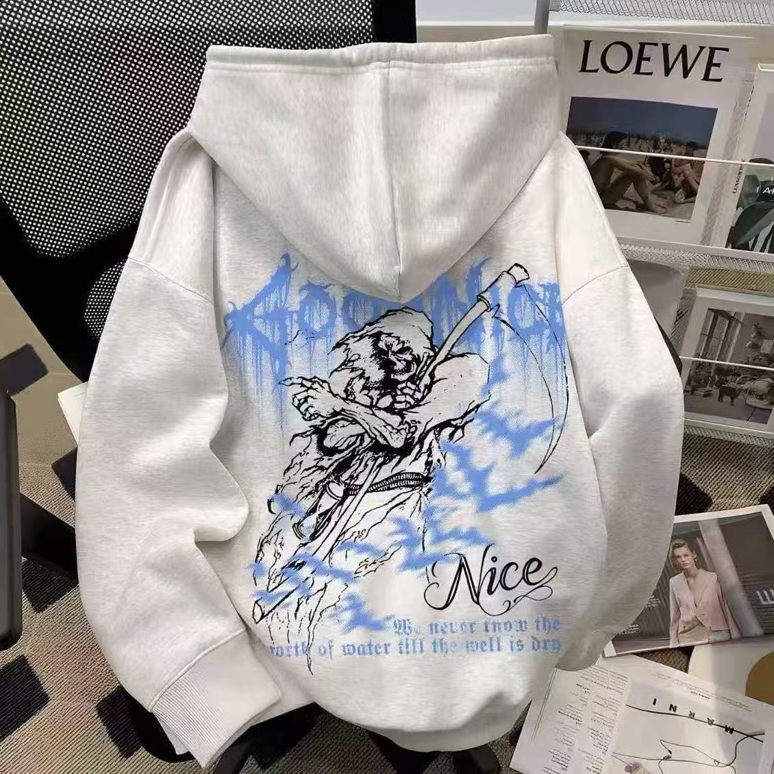 高街潮死神镰刀加绒连帽卫衣