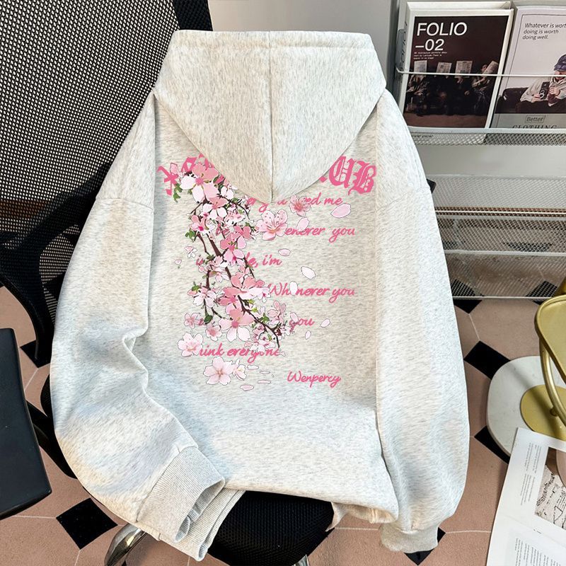 美式复古樱花连帽卫衣男女同款