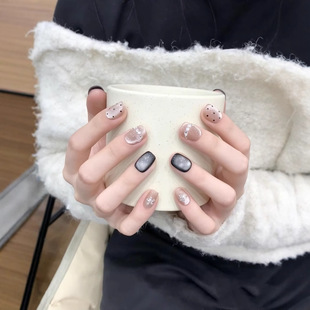 手工穿戴甲黑珍珠猫眼波点碎钻爆闪甲片甜酷美式小香风复古美甲贴