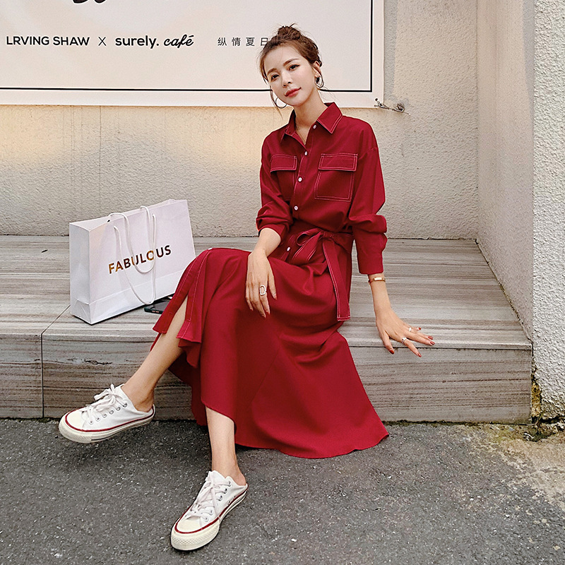 红色连衣裙女春夏法式长裙鱼尾裙收腰显瘦宽松雪纺裙子新娘衬衫裙