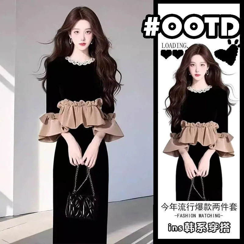 时尚爆款套装女2025春季拼接荷叶边长袖上衣显瘦包臀半身裙