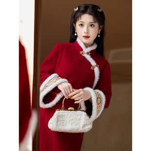 红色旗袍秋冬季敬酒服新娘订婚礼服加绒加厚新年战袍拜年服小个子