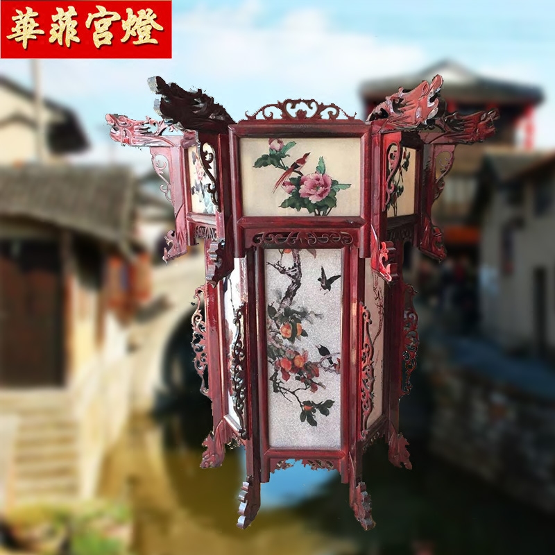 高档实木玻璃宫灯花鸟山水茶楼仿古木雕灯笼景区寺庙复古六角灯笼
