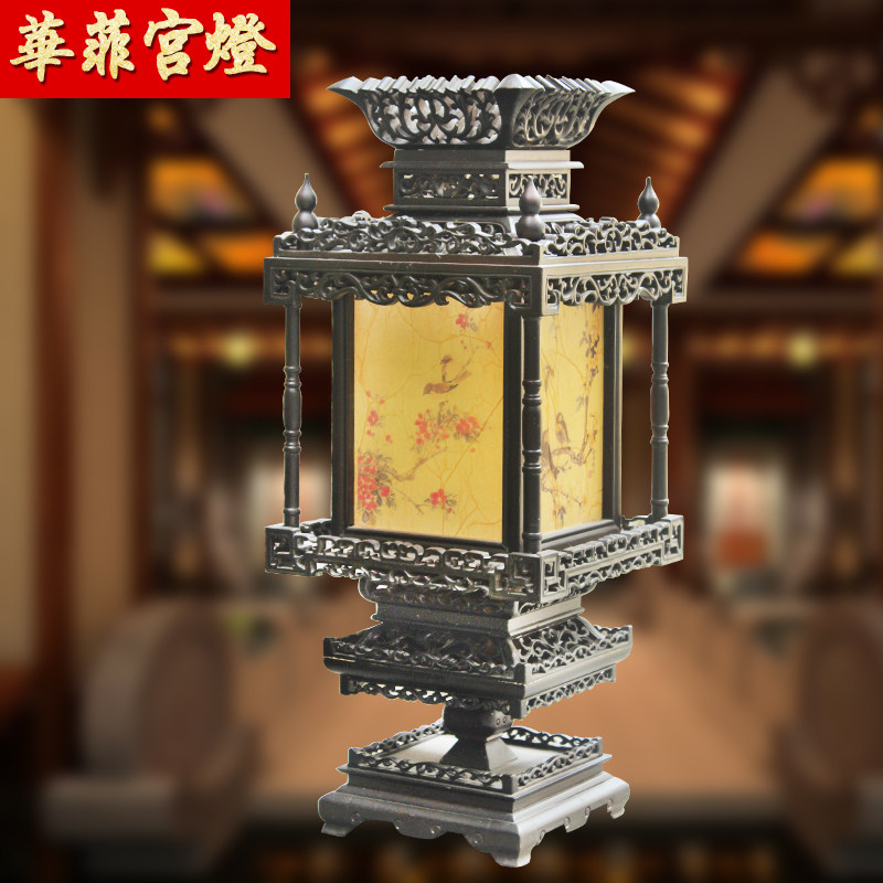 华菲工艺深色精雕古桌灯 中式仿古木制实木古典灯笼家居装饰灯具