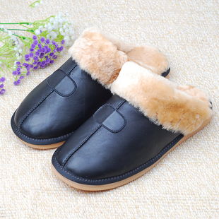 皮毛一体真皮棉拖鞋冬季保暖防滑居家男士女士地板静音老人拖厚底