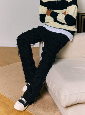 YORAINBOW毛边微喇牛仔裤男款美式高街黑色宽松直筒裤女2025新款