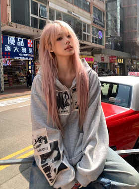 SKEER美式复古人像印花贴布连帽卫衣男女情侣宽松休闲百搭外套潮