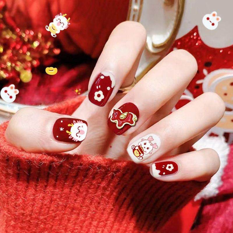 过年红色儿童美甲穿戴甲高级感短款粉萌花朵马指甲贴片2026年新款,彩妆/香水/美妆工具,穿戴甲/甲片,淘宝优惠券,粉丝福利购,淘宝优惠卷