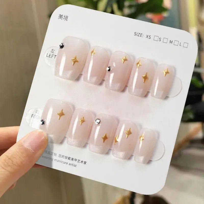 手工儿童美甲穿戴甲感短款法式星星点钻假指甲贴片2026年新款,彩妆/香水/美妆工具,美甲工具,淘宝优惠券,粉丝福利购,淘宝优惠卷