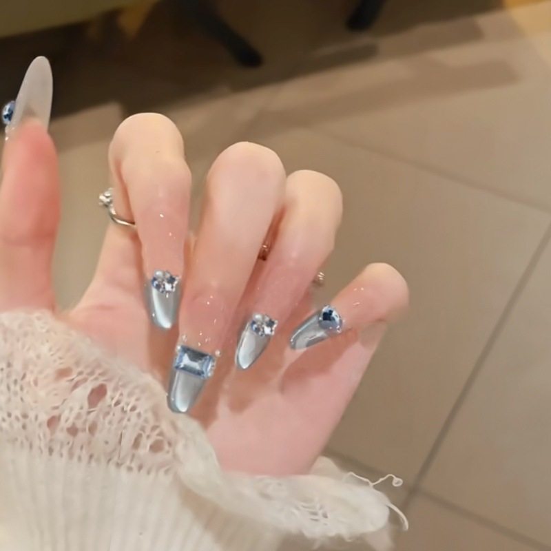 手工儿童美甲穿戴甲高级感中长款蓝海闪钻假指甲贴片2026马年新款,彩妆/香水/美妆工具,美甲工具,淘宝优惠券,粉丝福利购,淘宝优惠卷