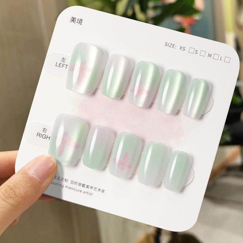 手工儿童美甲穿戴甲感短款碧玉蝴蝶猫眼假指甲贴片2026年新款,彩妆/香水/美妆工具,美甲工具,淘宝优惠券,粉丝福利购,淘宝优惠卷