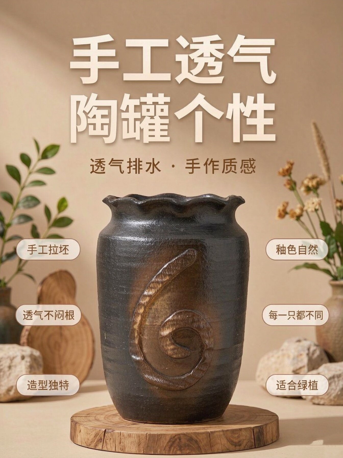 手工陶艺花盆侘寂风复古做旧粗陶花盆室内客厅阳台绿植盆栽