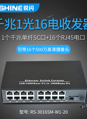 锐闪 RS-3016SM 单模单纤千兆光纤收发器1光16电收发器一光十六电光纤交换机  16口 可接16个网络监控摄像头