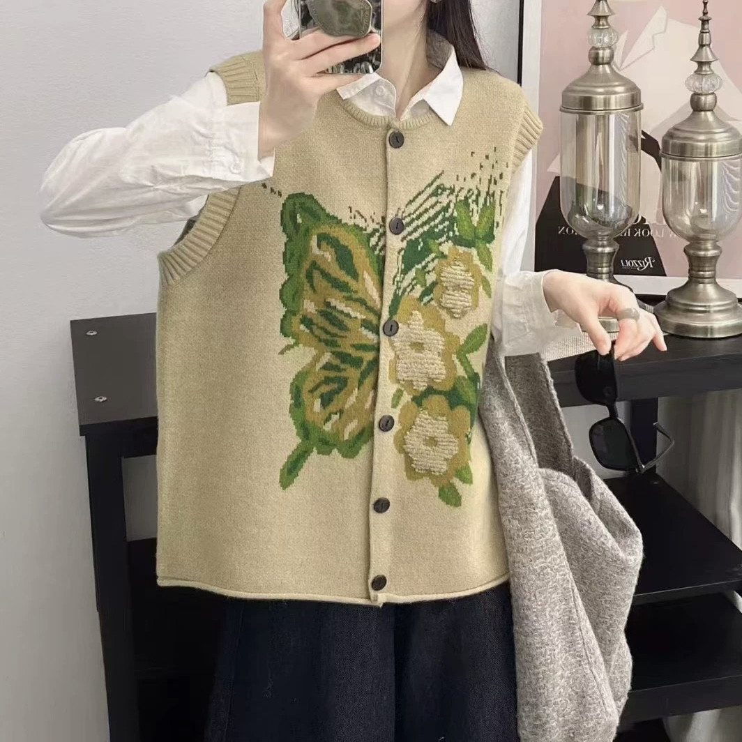 蝴蝶自来大码胖mm早秋新品别致印花舒适减龄百搭针织马甲马夹