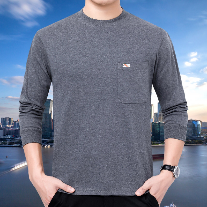 秋冬季中年圆领真口袋纯棉爸爸装长袖t恤男宽松中老年秋衣打底衫