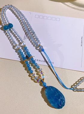 天然海蓝宝石雕刻九尾狐项链