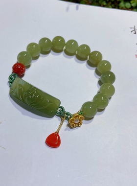 天然和田玉莲花手牌手链手串