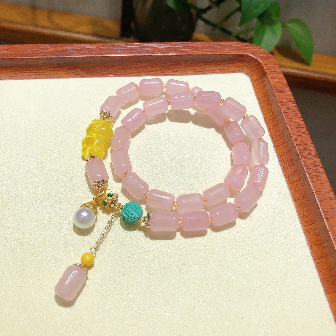 天然粉水晶桶珠原创双圈手链民族风女款送礼物小众设计芙蓉石手串