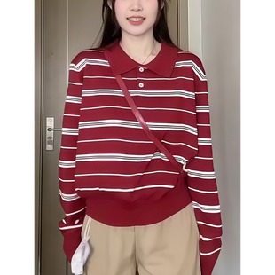 时尚 大码 女秋冬新款 韩系高级感polo领长袖 百搭显瘦条纹上衣 针织衫