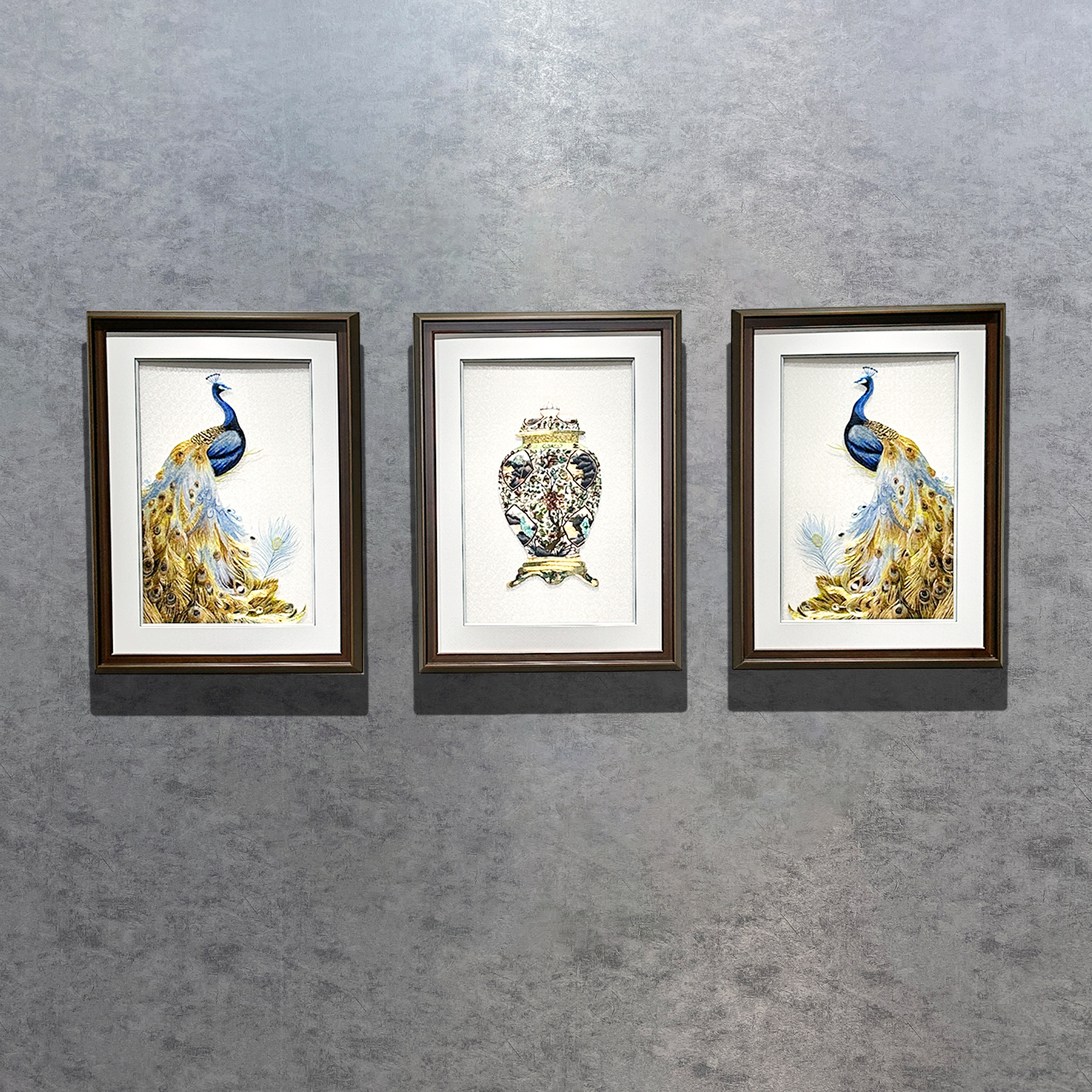 孔雀刺绣三幅组合装饰画苏绣国画成品轻奢中国风书房画背景墙宝瓶图片