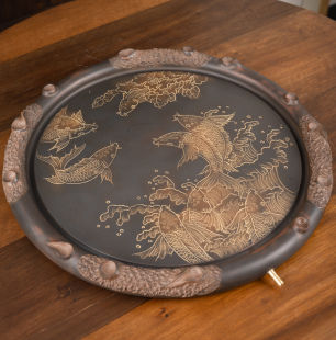 钦州坭兴陶 高端托盘家用 九鱼茶盘带排水 名家纯手工功夫茶台中式