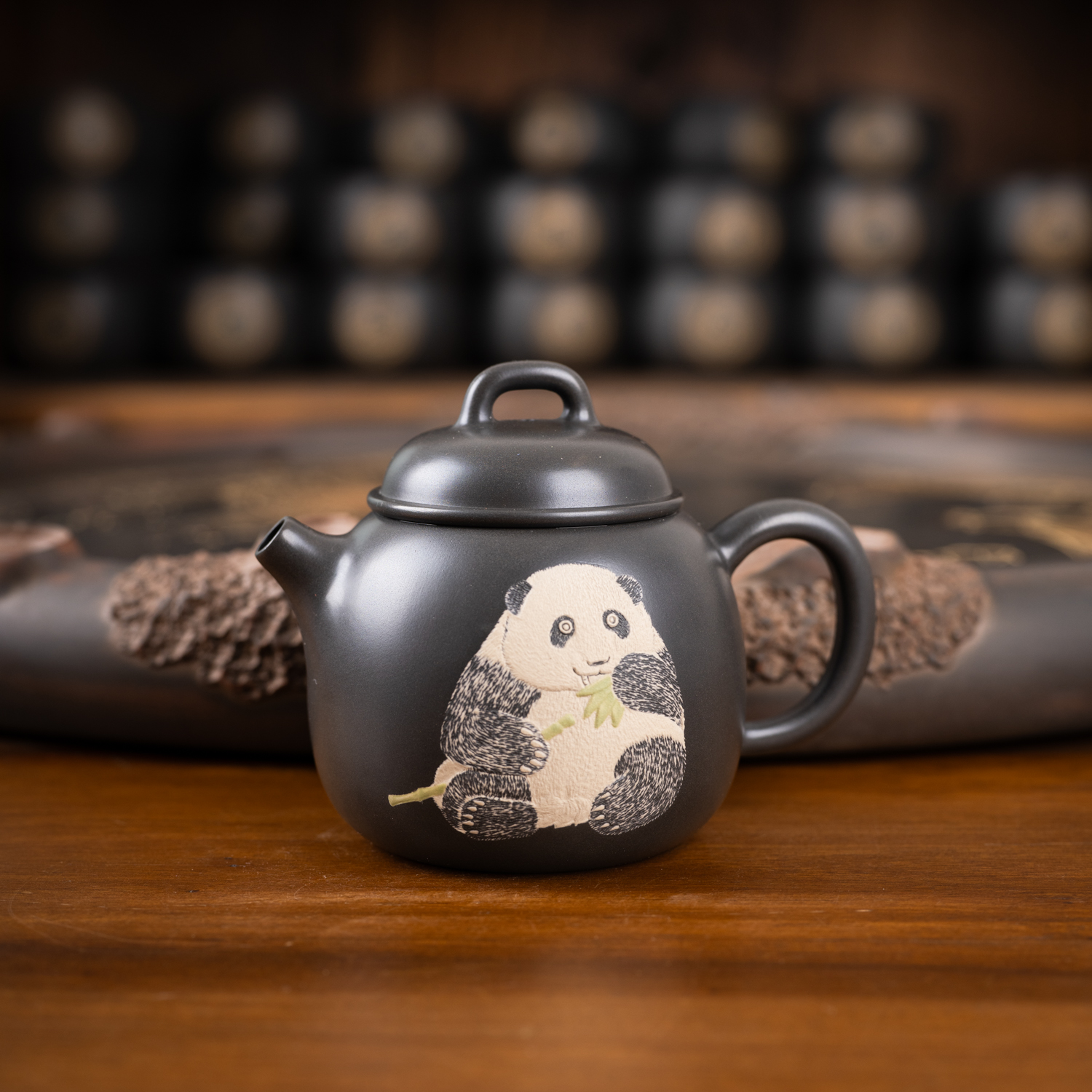 钦州坭兴陶集「熊猫小品小憨壶」 市级大师精品 纯手工窑变茶壶