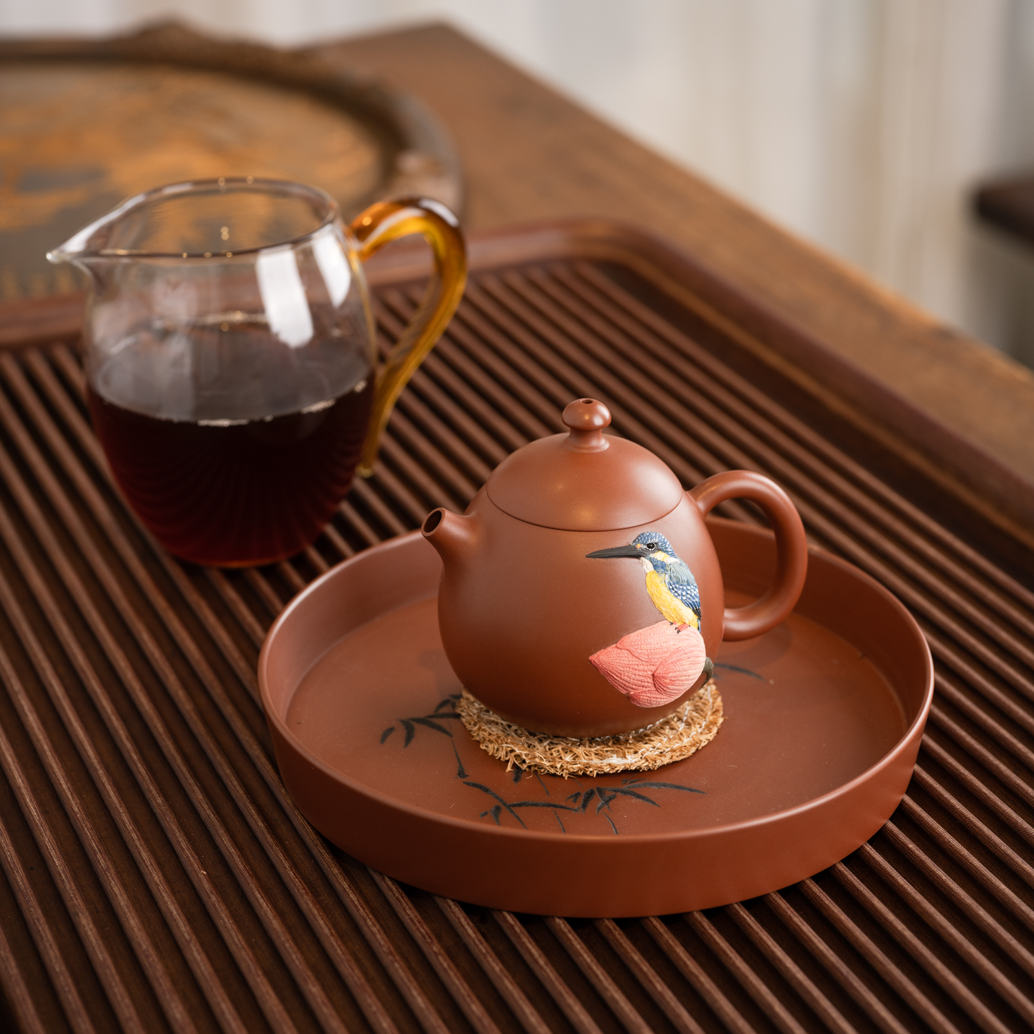 钦州坭兴陶集「小品堆雕翠鸟龙蛋壶 」 名家精品 手工窑变茶壶