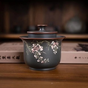 钦州坭兴陶「紫藤花手抓壶盖碗不烫手」手工窑变茶壶高端茶具套装