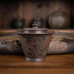 浮雕荷花斗笠手抓壶」纯手工高端茶壶 钦州坭兴陶「不烫手盖碗