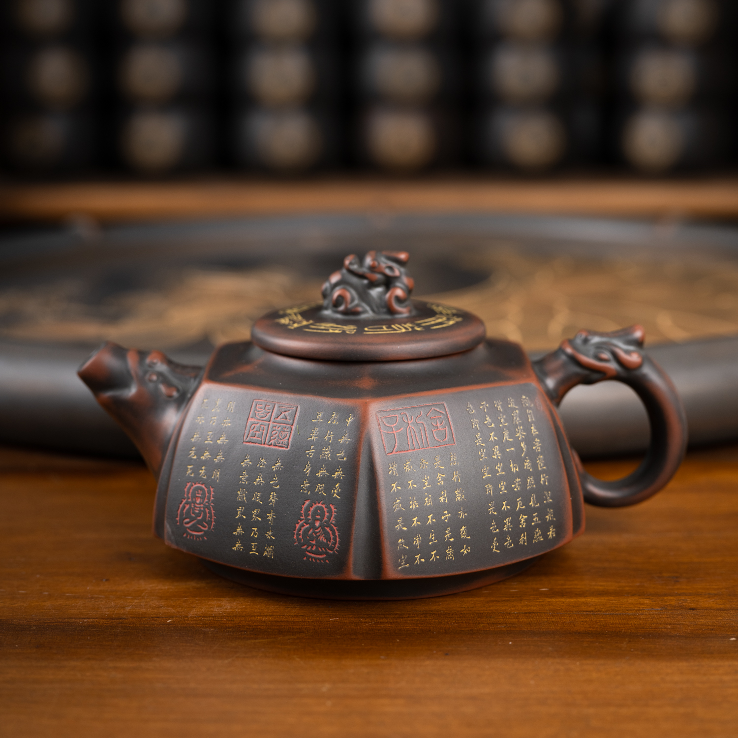 钦州坭兴陶集「吴丽华心经六方壶 」 市大师精品 纯手工窑变茶壶