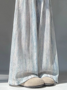 蓝色扎染镂空阔腿裤女夏薄2025新款休闲小个子高腰垂感冰丝山本