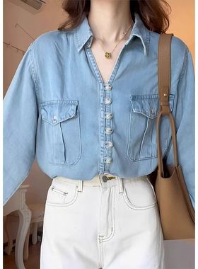 山力达迪 法式蓝色polo衬衫牛仔外套新款设计感小众衬衣长