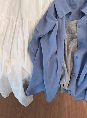 纯棉蓝色衬衫女春秋新款小清新宽松休闲百搭显瘦通勤衬衣外套