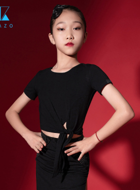 茜卡索 拉丁舞练功服女儿童夏季专业舞蹈上衣少儿黑色分体衣G1137