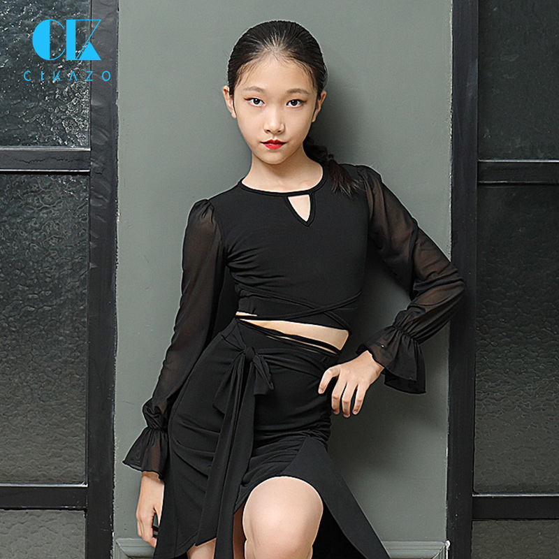 茜卡索拉丁舞服女童 秋冬长袖上衣儿童新款专业训练服练功服G1164