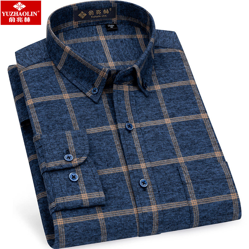 俞兆林男士长袖衬衫2020春秋款中青年爸爸装方格子休闲纯棉衬衣男