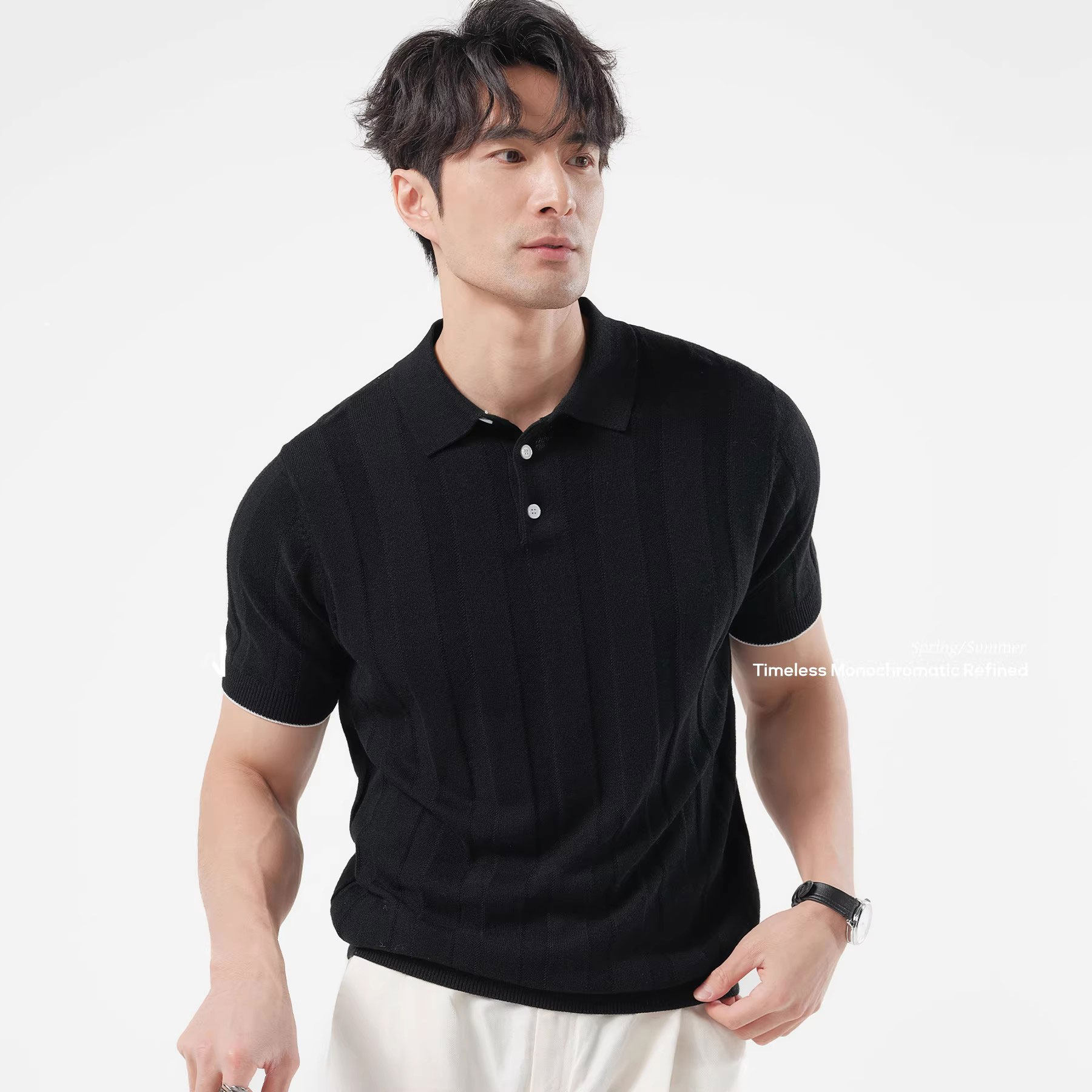 PISELOON/皮塞罗老钱风黑色翻领短袖针织衫男夏季薄款纽扣毛衣夏