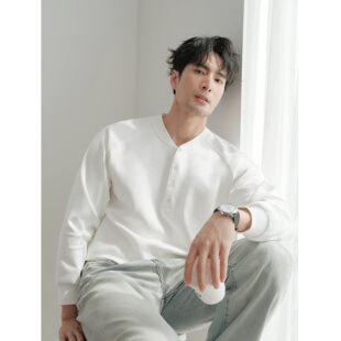 衫 长袖 亲肤长袖 男女同款 抗皱秋 男亨利领T恤轻奢云感抗起球针织衫